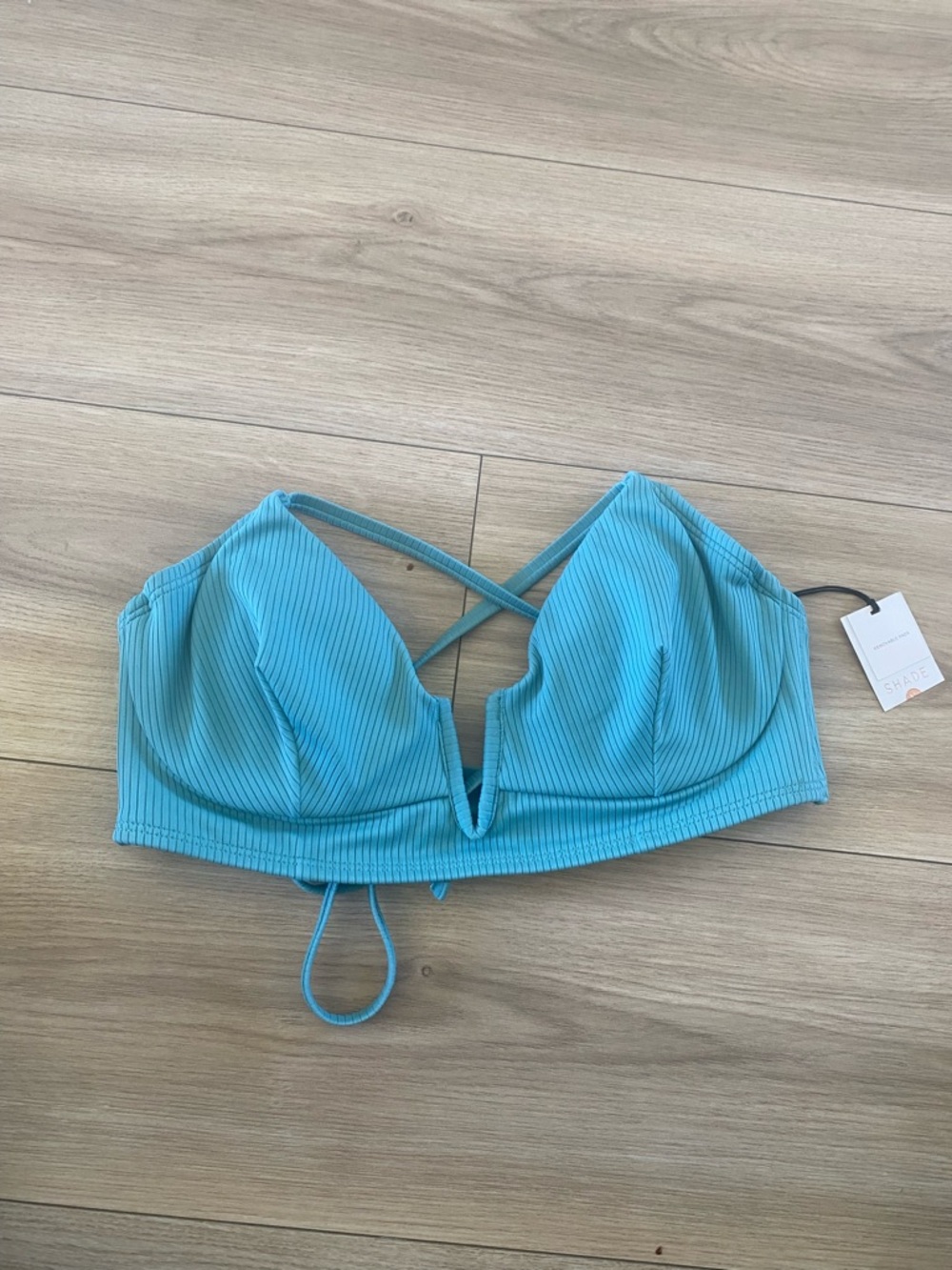 Shade & Shore 36D Blue Ribbed V-Notch Bikini Top